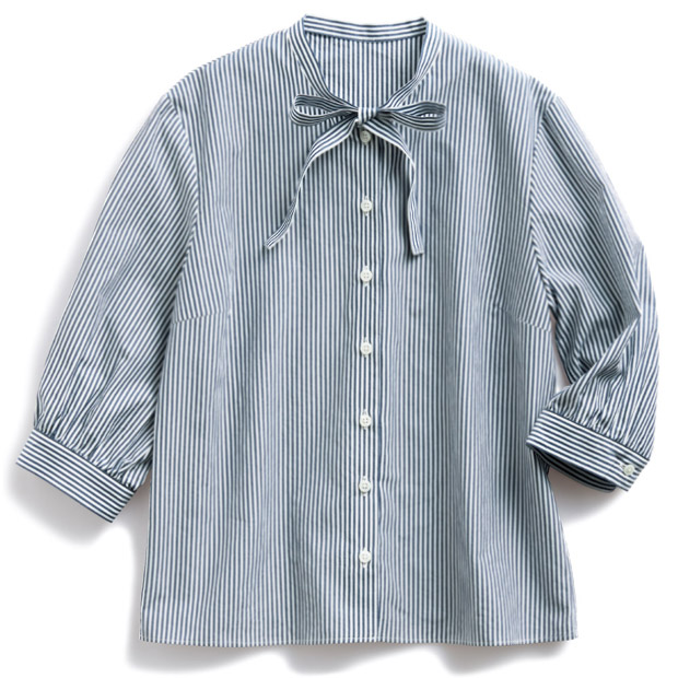 超長綿先染めタイプライターボウタイブラウス