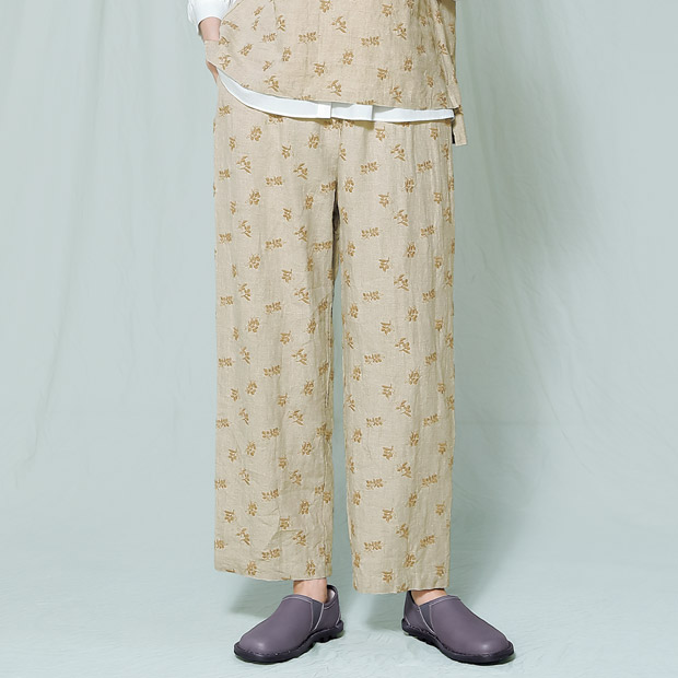 オリーブ刺しゅうリネンイージーパンツ