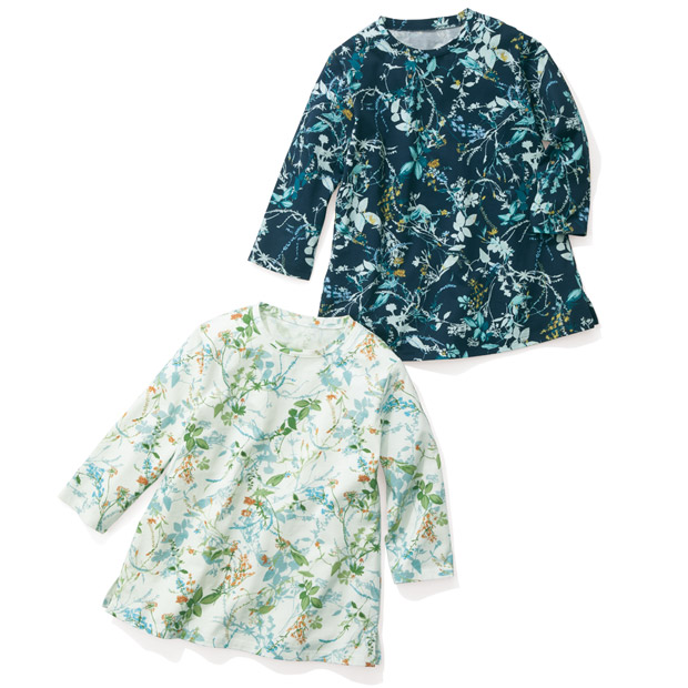 花柄クルーネック七分袖プルオーバー／2色セット