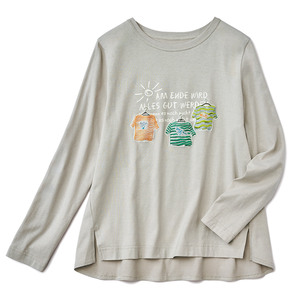 アップリケ八分袖Tシャツ