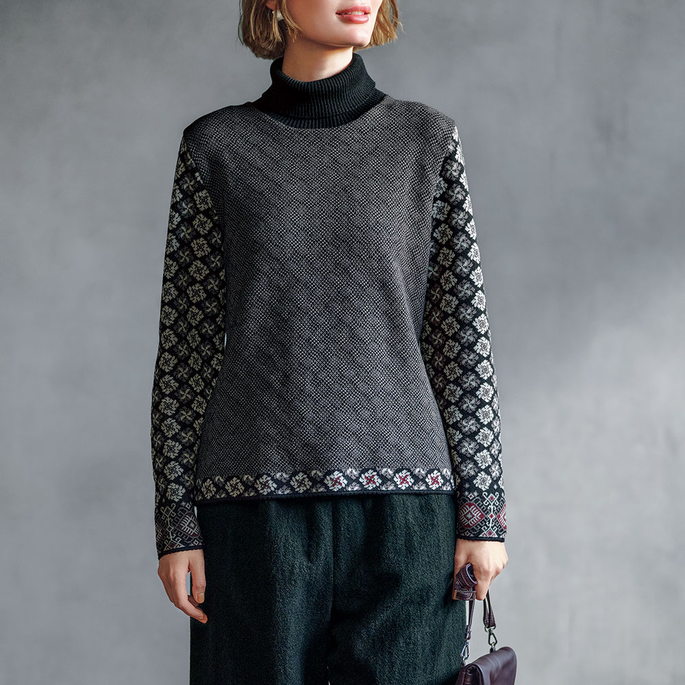 ジャカード編みタートルネックセーター