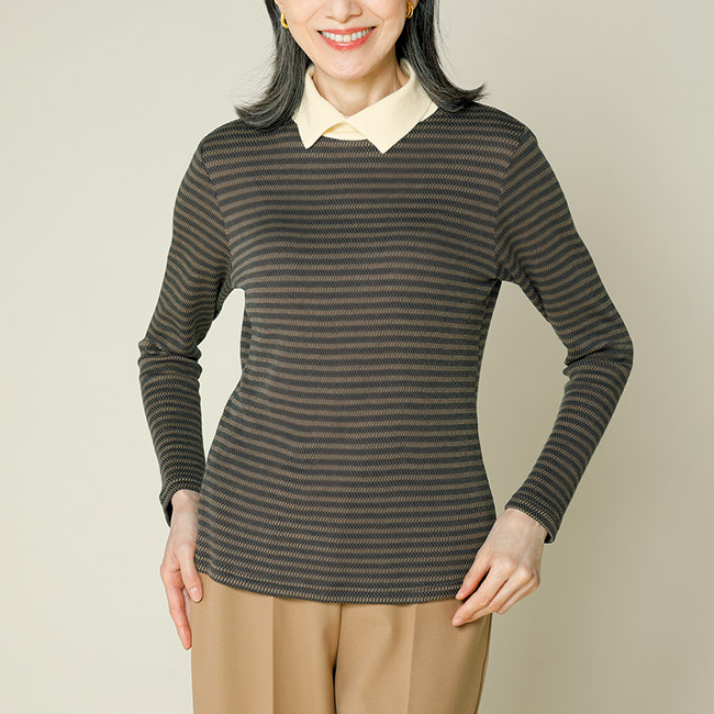 コットンポロ襟ボーダープルオーバー