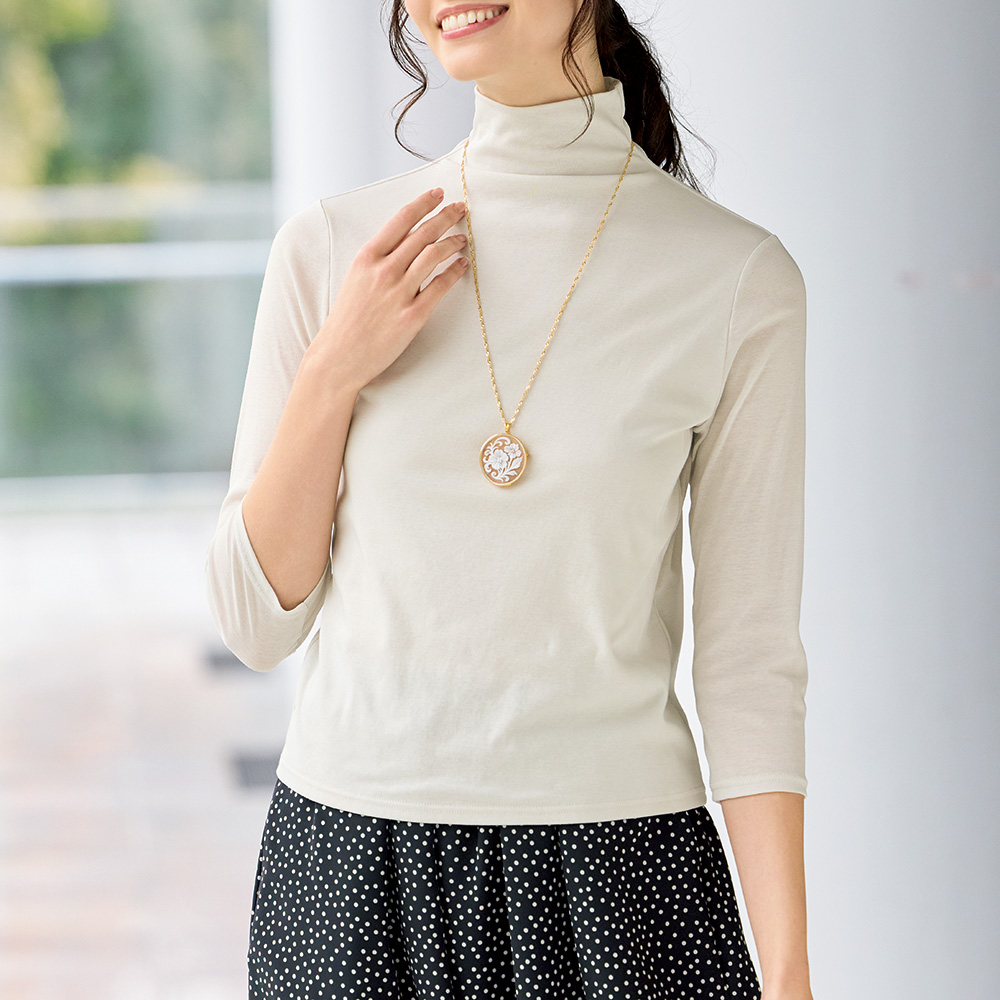 強撚コットンボトルネック八分袖プルオーバー