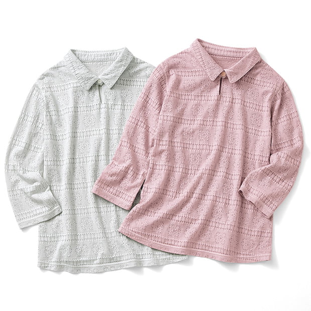 桜の花で染めたレーシー襟付きプルオーバー