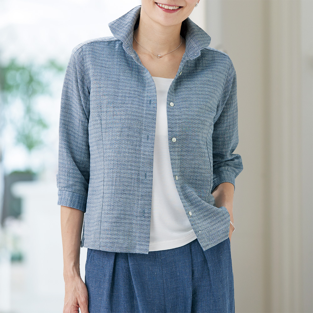 麻混シャンブレージャカードシャツ