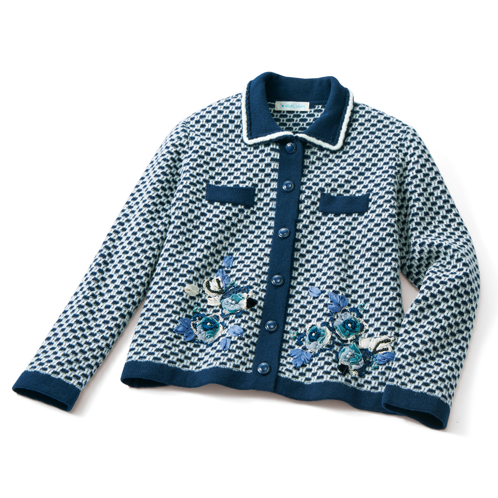 バラ柄手刺しゅう入りニットジャケット