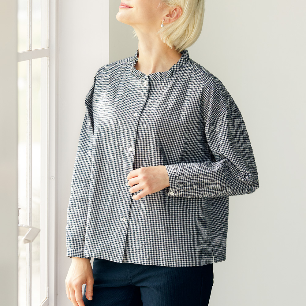 コットンサッカーギンガムチェックフリルブラウス