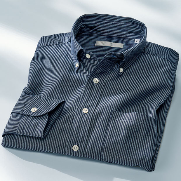 ロープ染色のインディゴストライプ長袖シャツ