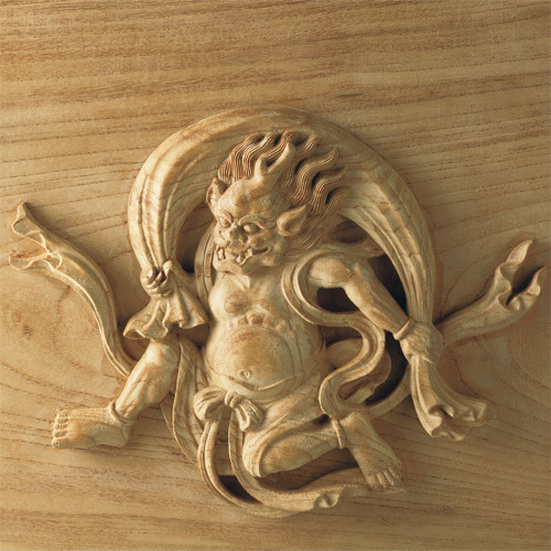 黒柿額縁入り欅手彫り額「風神雷神」