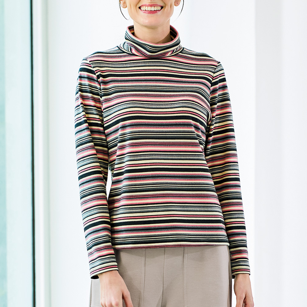 起毛マルチボーダーハイネックプルオーバー