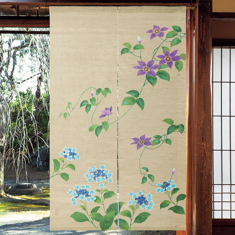 江戸琳派手描きのれん／風車に紫陽花