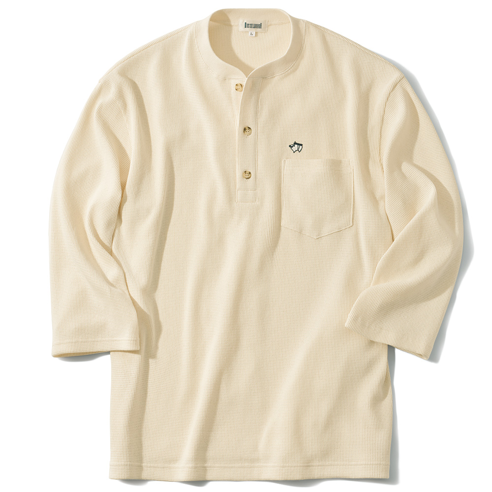 ミニワッフル七分袖ヘンリーネックTシャツ