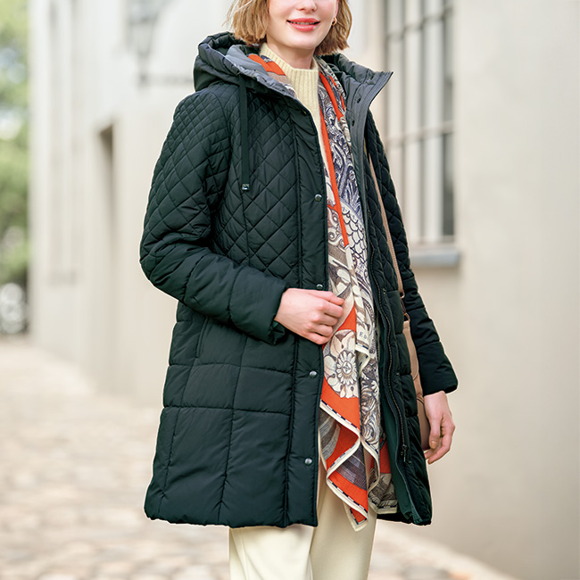 変形ダイヤ柄キルティングコート