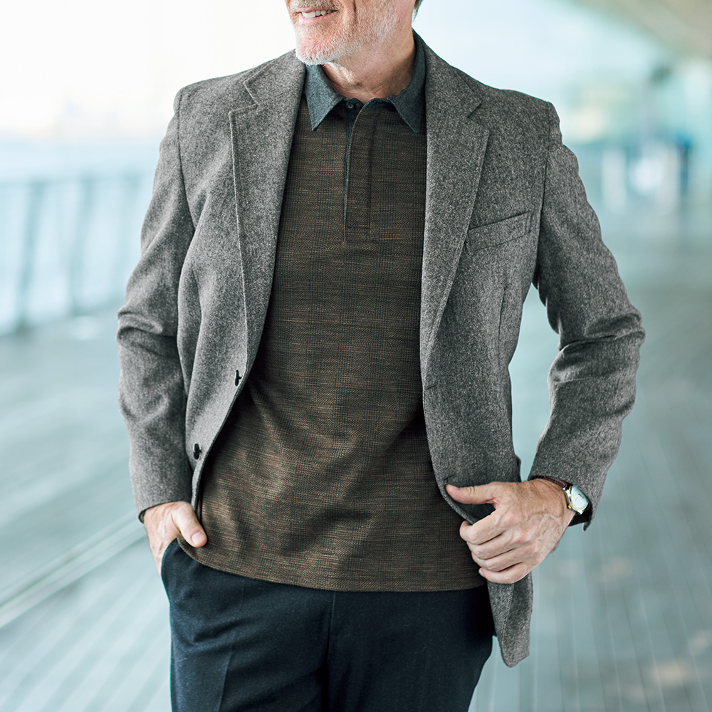 ウール混ジャカード・長袖ポロシャツ