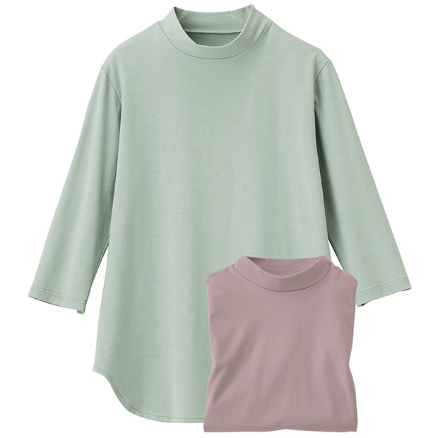 ベントクールハイネック七分袖チュニックTシャツ／2色セット