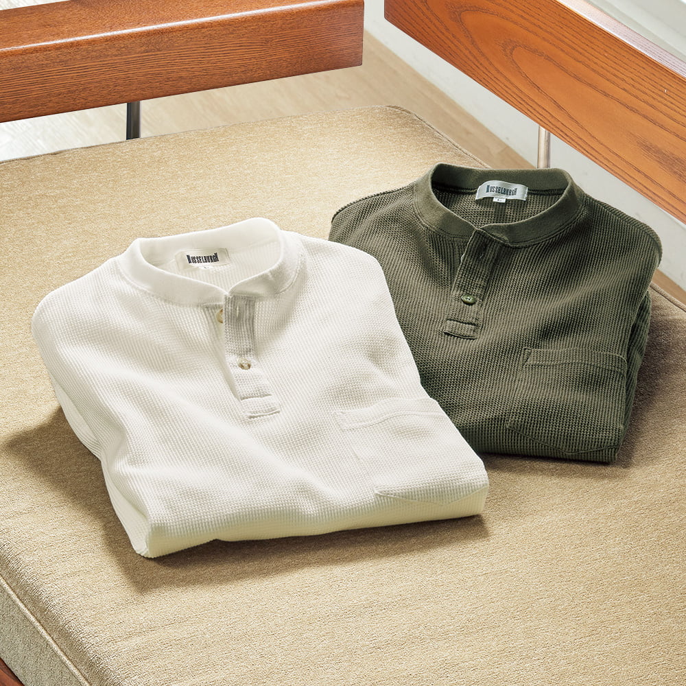 度詰めワッフルヘンリーネックTシャツ