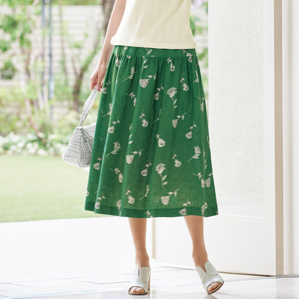 リネン花柄ギャザースカート