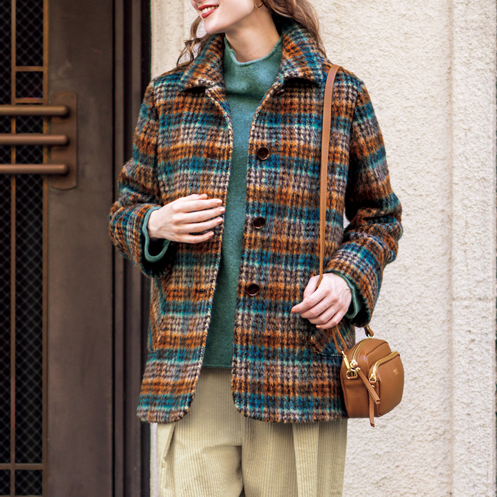 ウール混シャギーチェックコート