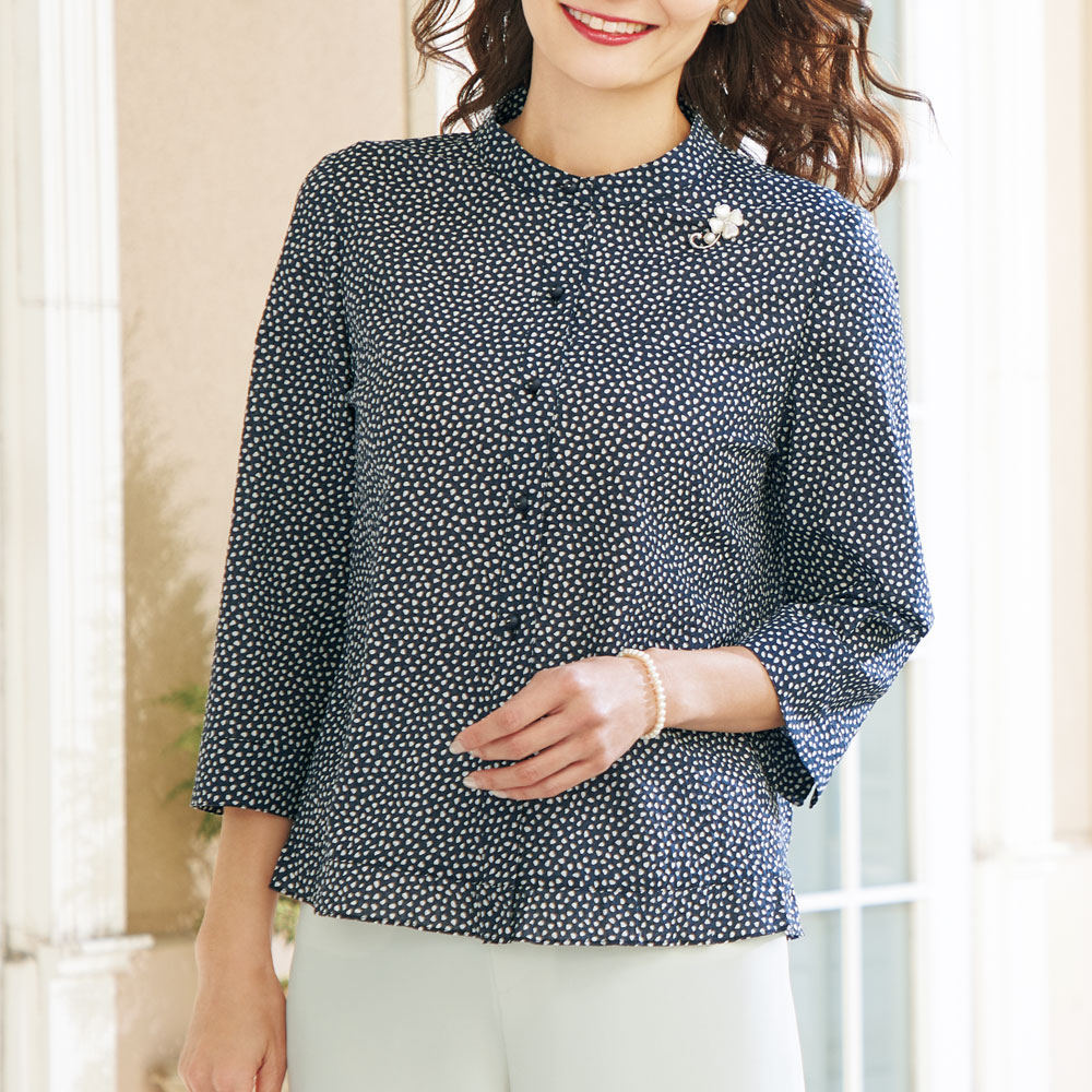 綿ミラクルウェーブ変形水玉柄ブラウスジャケット