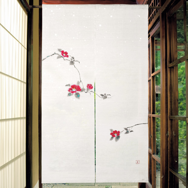 手描き麻のれん「雪中椿」