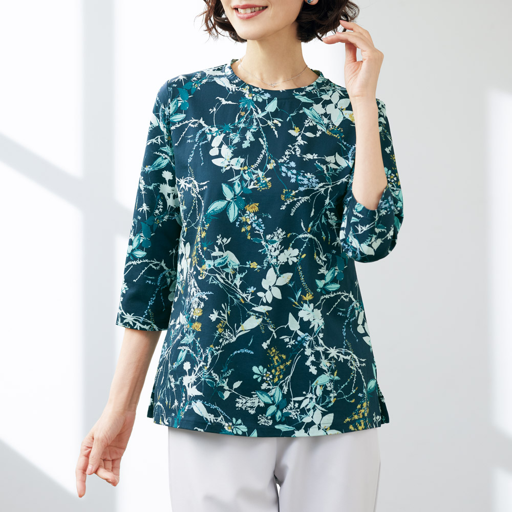 花柄クルーネック七分袖プルオーバー／2色セット