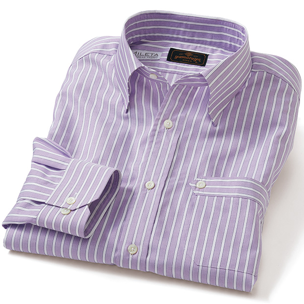 舶来ストライプ生地で仕立てた老舗のスナップB.D.シャツ