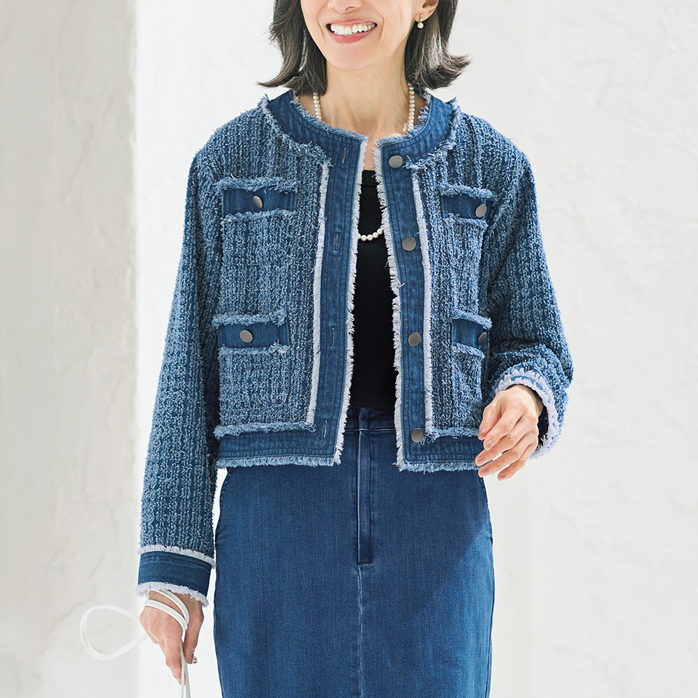 ノーカラーデニムジャケット