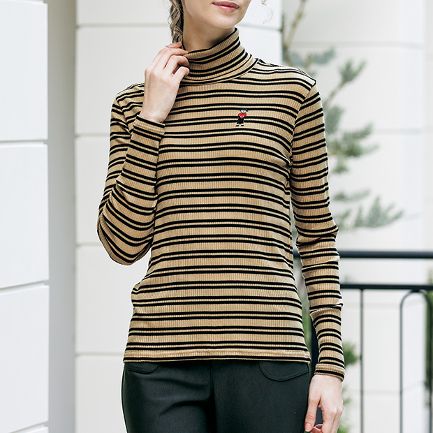 ボーダーハイネックリブプルオーバー