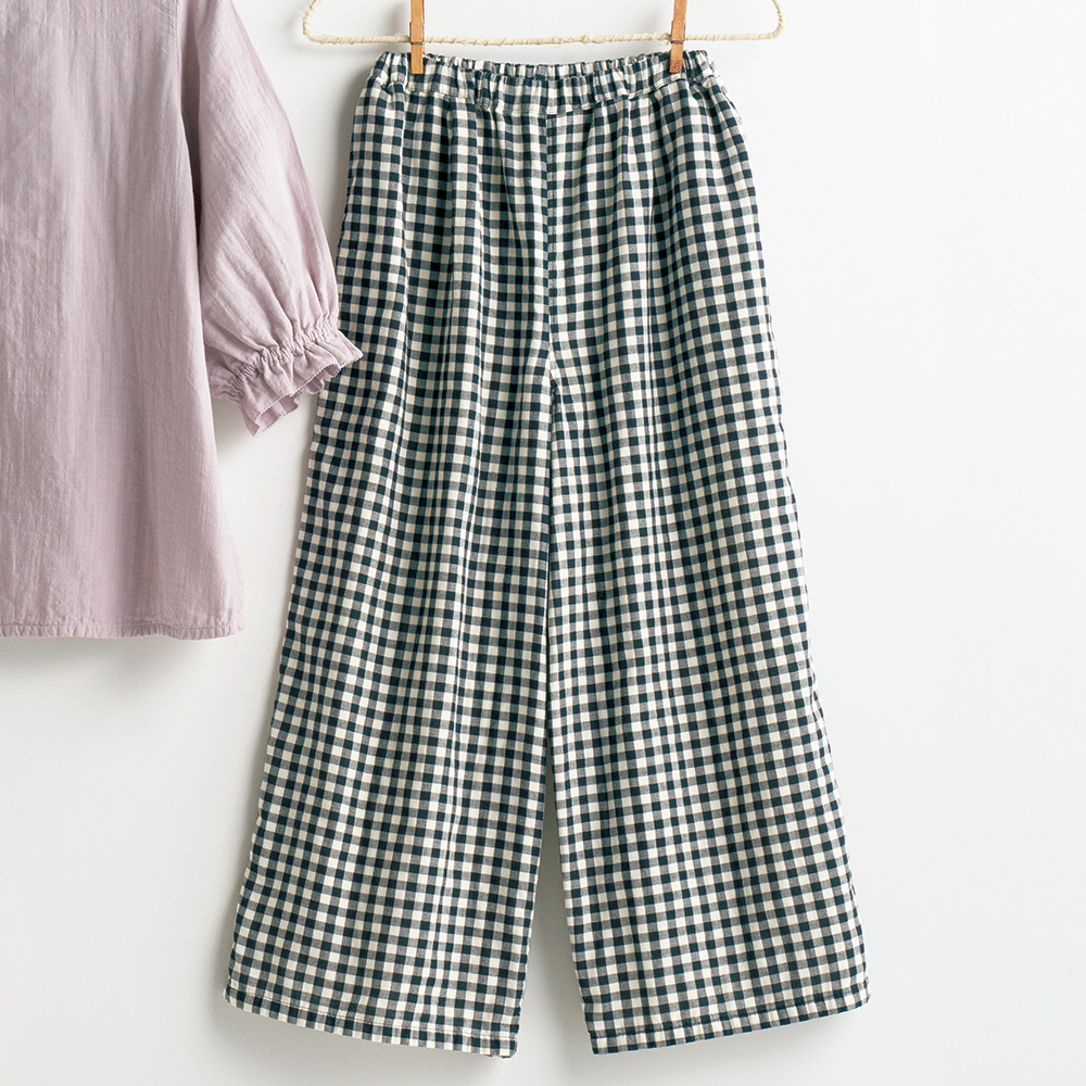 ギンガムチェックガーゼセミワイドパンツ/当社限定モデル
