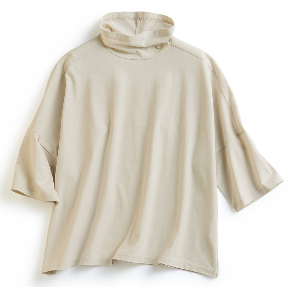 コットン強撚五分袖オフタートルプルオーバー