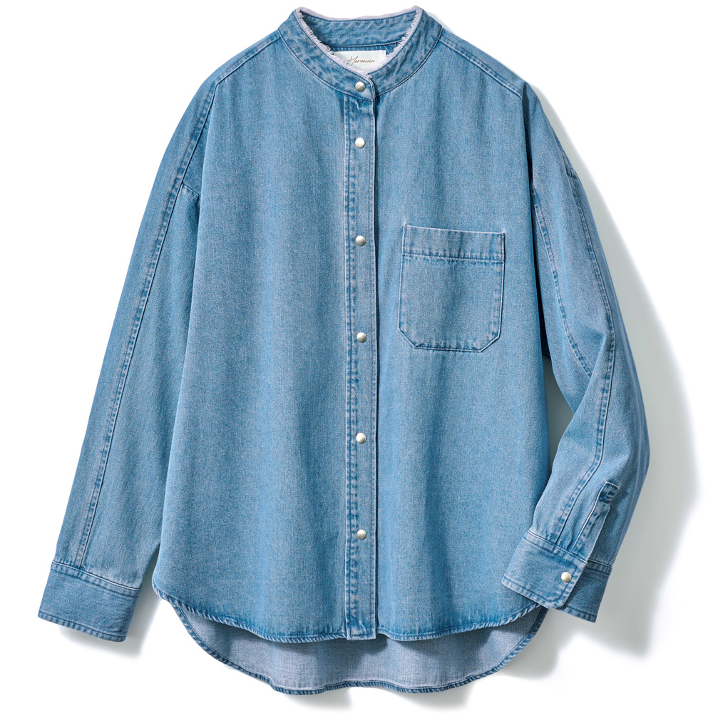 バックフリルデニムブラウス