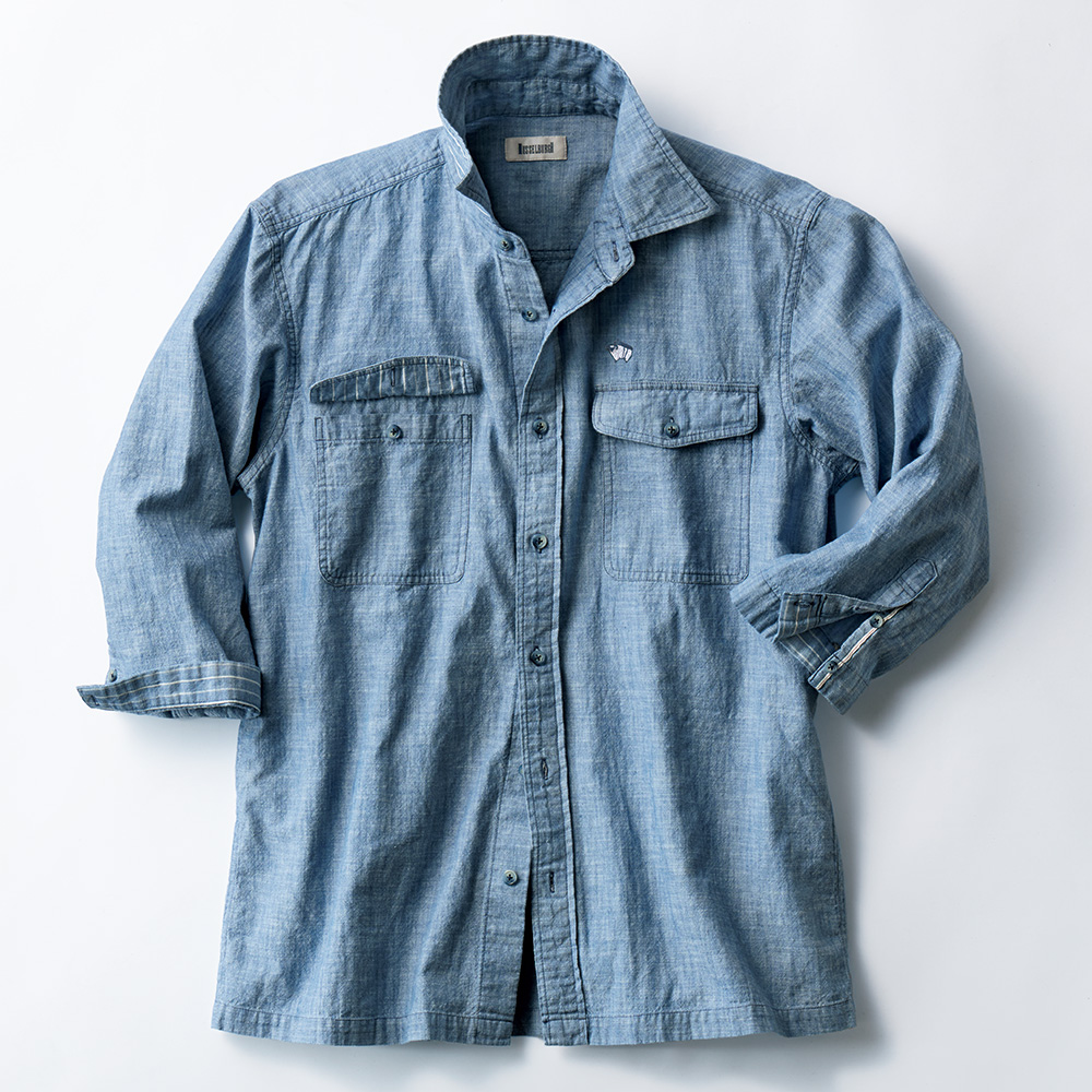 大人のブリーチドダンガリー七分袖シャツ／メンズ