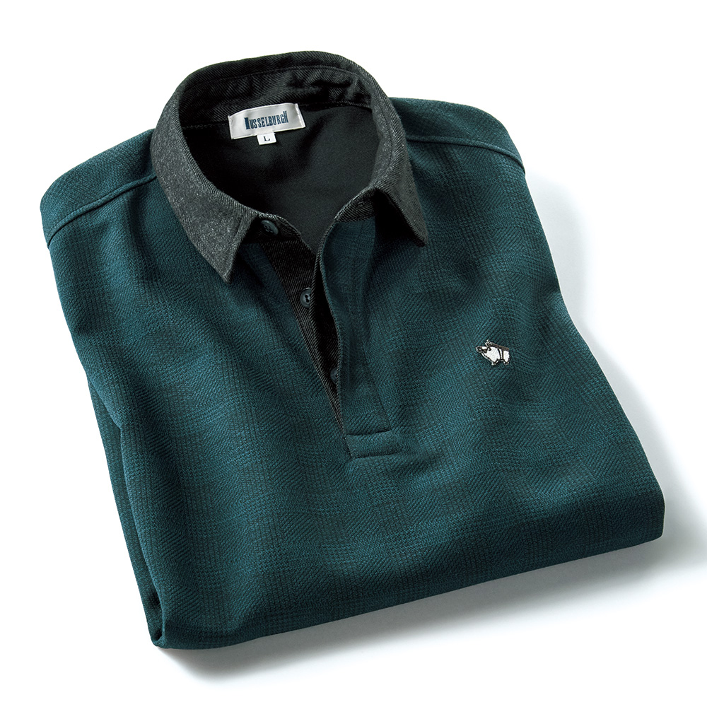 ウール混ジャカード・長袖ポロシャツ