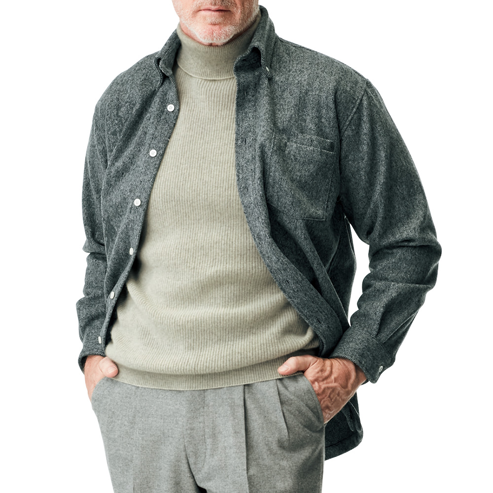 洗えるウール混･アンカーモチーフへリンボーンシャツ