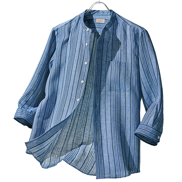 近江織麻のバンドカラー七分袖シャツ