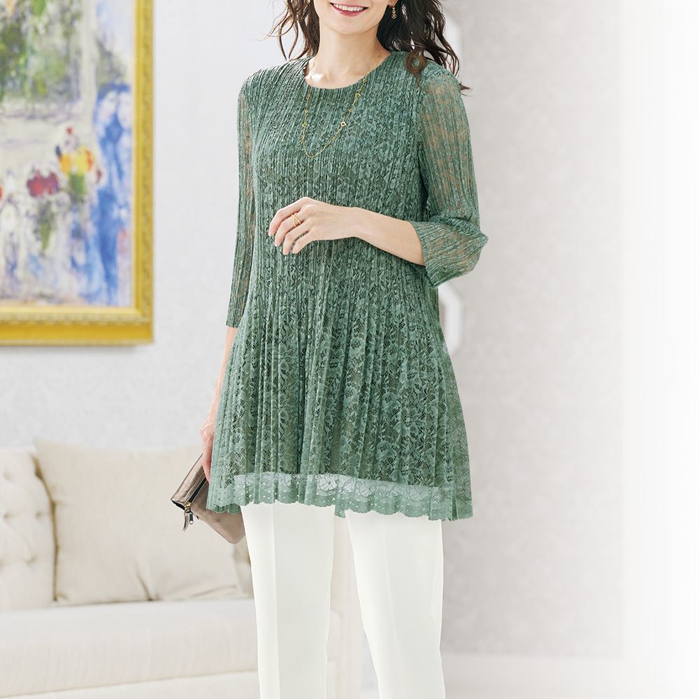 クリスタルミックスプリーツ･レースチュニック