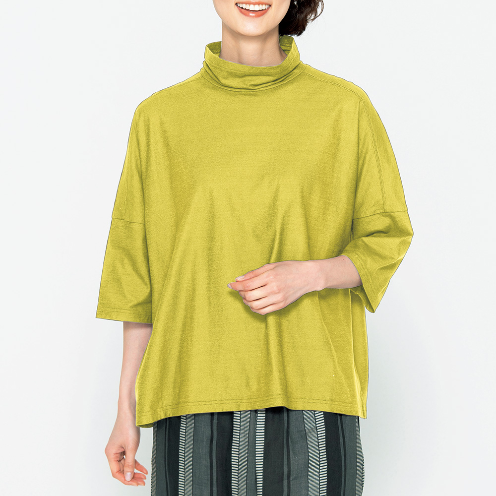 コットン強撚五分袖オフタートルプルオーバー