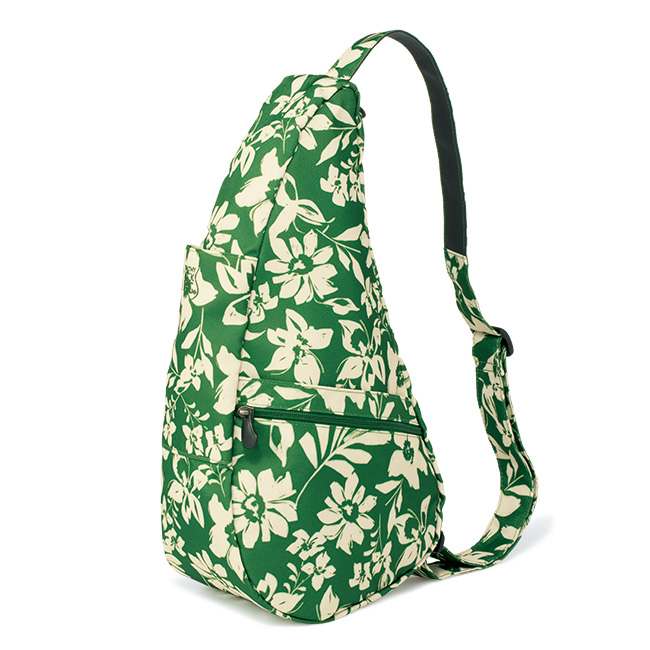 フラワー柄の背中に沿うボディバッグ