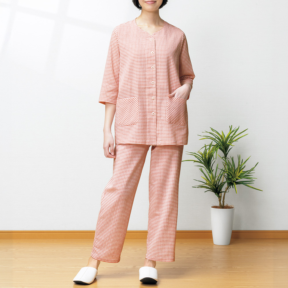 高島ちぢみ空羽織のチェックパジャマ