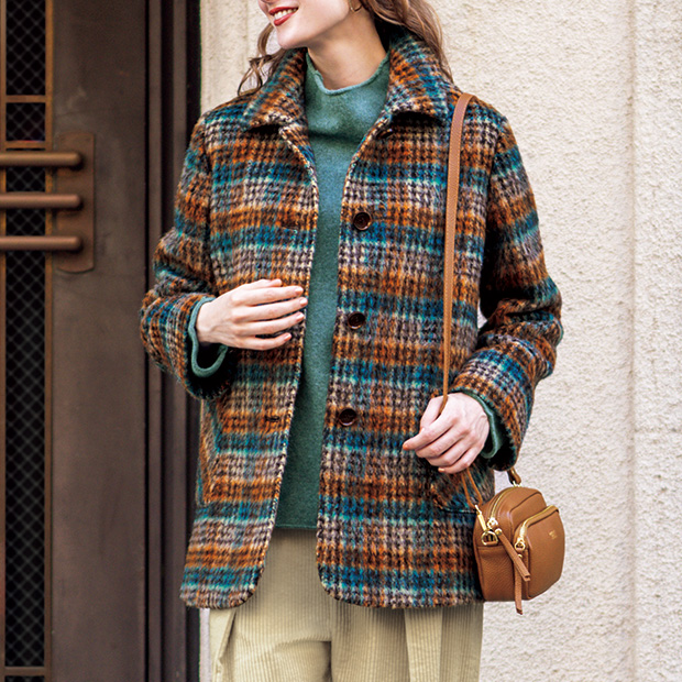 ウール混シャギーチェックコート