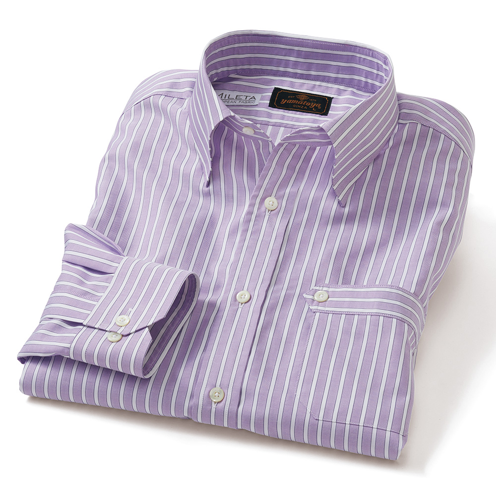 舶来ストライプ生地で仕立てた老舗のスナップB.D.シャツ