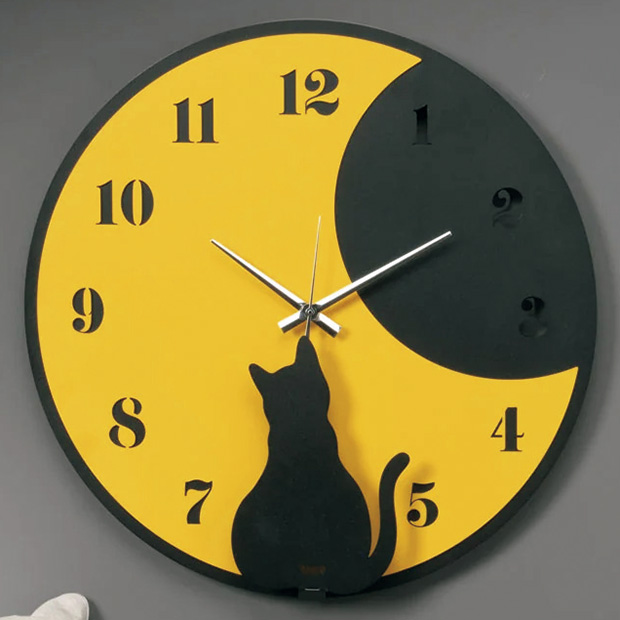 イタリア製掛け時計／月を眺める猫