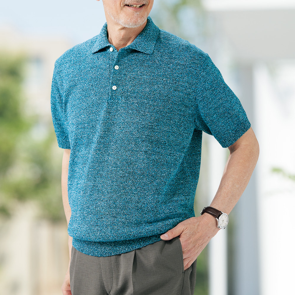 ゼロトルク撚糸･6色杢リネンニットポロシャツ