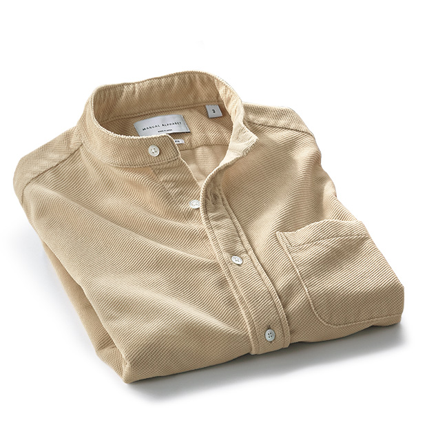 斜めコーデュロイ・バンドカラーシャツ