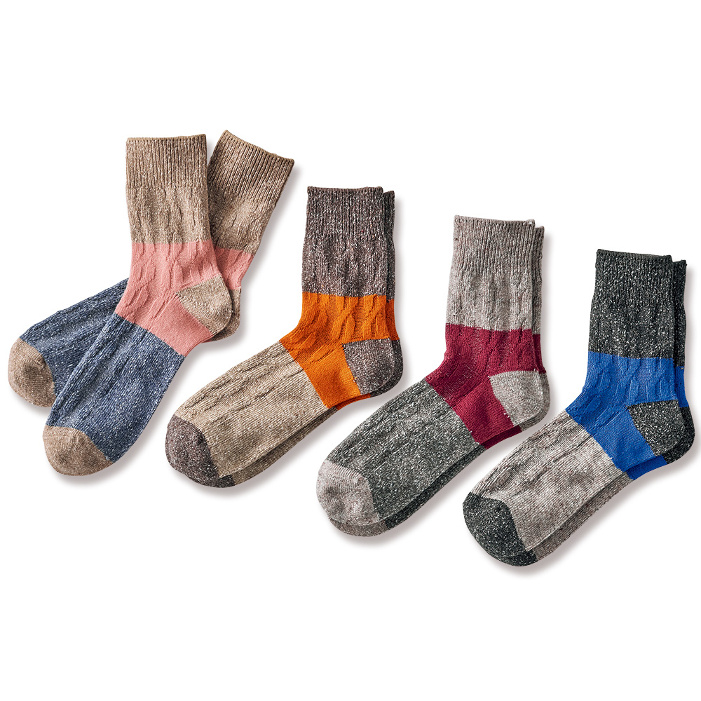 ケーブル柄クルー丈ソックス/4色セット