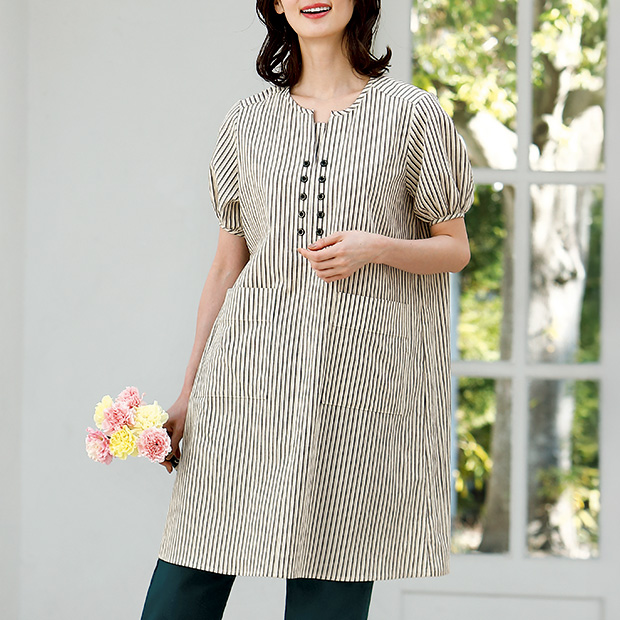 ストライプ柄綿麻ローンチュニック