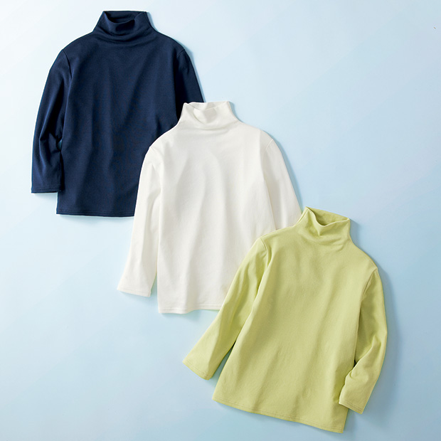スーピマ綿八分袖ボトルネックプルオーバー