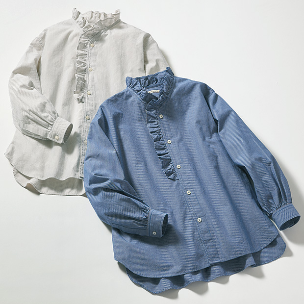 ストライプフリルカラーシャツ