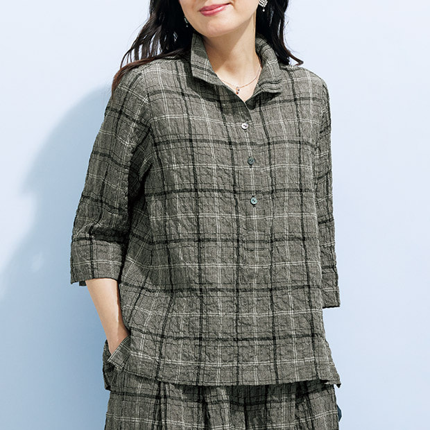 麻混チェックプルオーバー