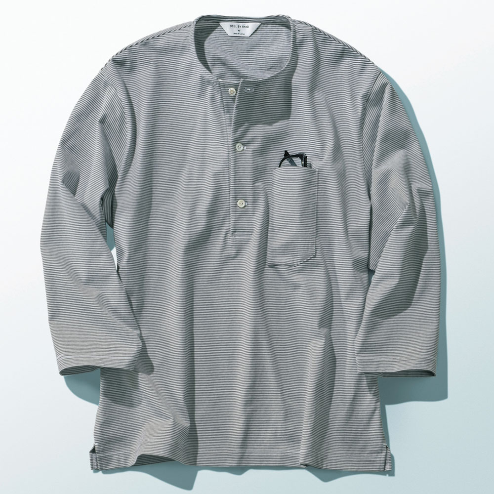 八分袖ボーダーヘンリーネックTシャツ